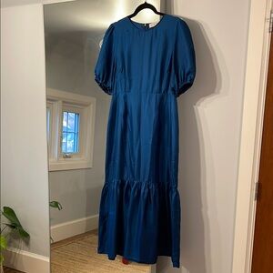 Jillian Boustred Silk Midi Dress with Puff Sleeve